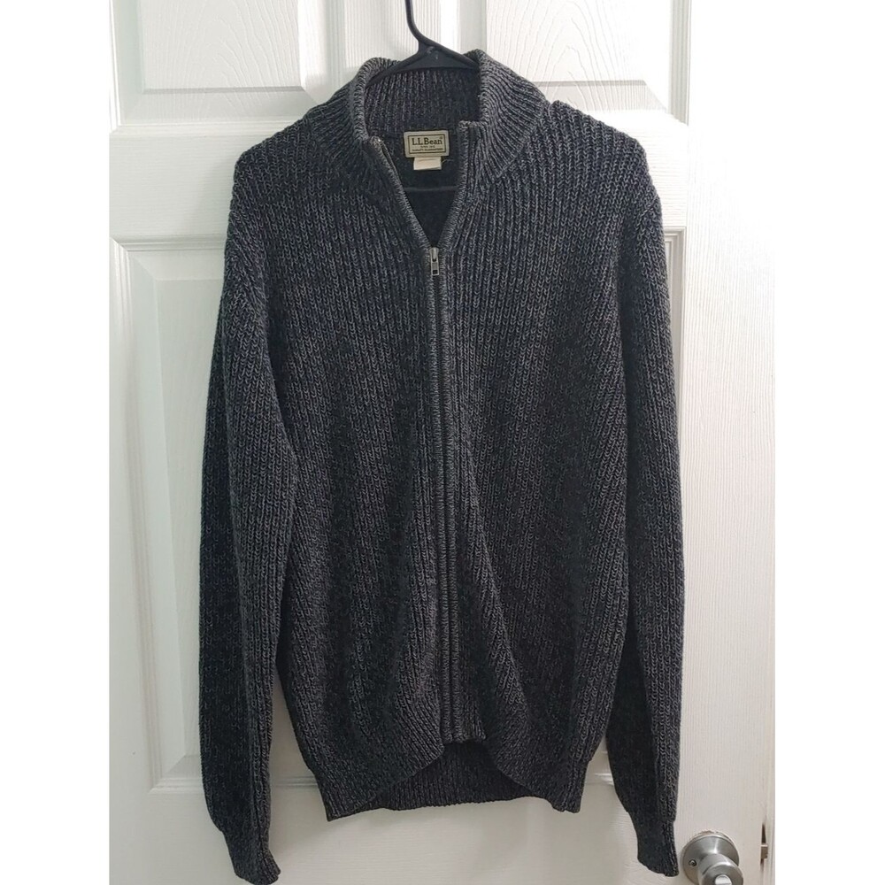 Vintage L.L. Bean Full Zip Men's M Sweater Marled Grey and Black Cotton Knit